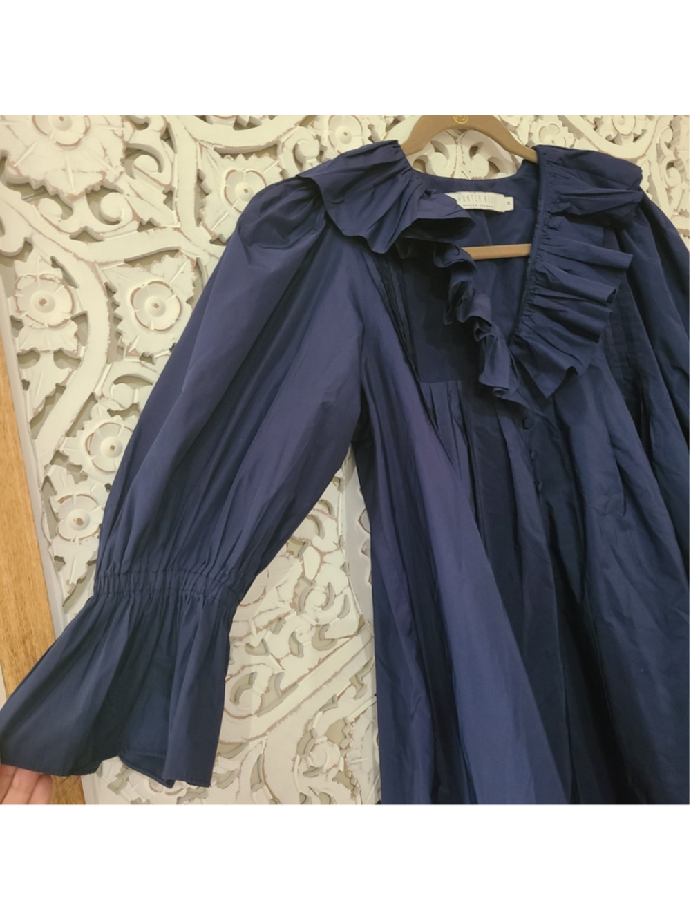 Hunter Bell Sullivan Ruffled Neck Puff Sleeve Mini Dress Navy Blue SZ Medium - Picture 2 of 10